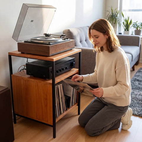 Rack para Vinilos y Tornamesa - Poder y Elegancia en Roble