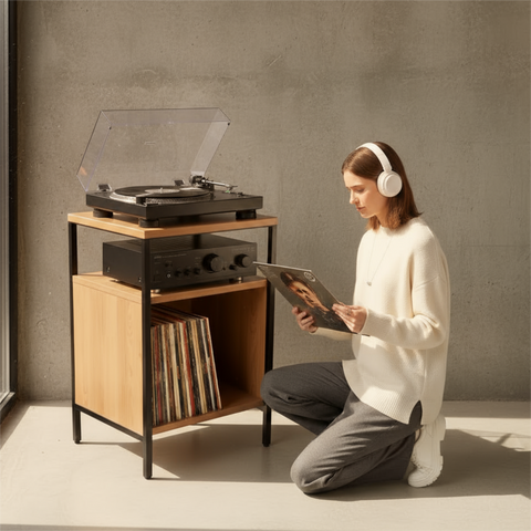 Rack para Vinilos y Tornamesa - Poder y Elegancia en Roble